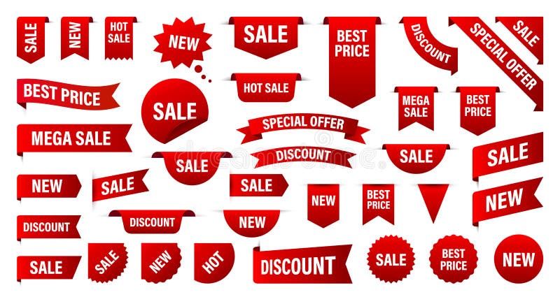 Sale and New Label collection set. Sale tags 30, 50, 70. Discount red ribbons, banners and icons. Special offer. Shopping Tags. Sale icons. Red isolated on white background, vector illustration. Sale and New Label collection set. Sale tags 30, 50, 70. Discount red ribbons, banners and icons. Special offer. Shopping Tags. Sale icons. Red isolated on white background, vector illustration