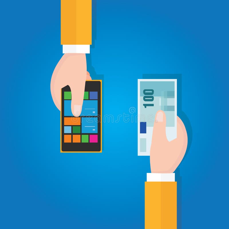 Venda el precio elegante usado compra del artilugio del teléfono móvil con la mano que sostiene el dinero ilustración del vector Venda el precio elegante usado compra del artilugio del teléfono móvil con la mano que sostiene el dinero ilustración del vector