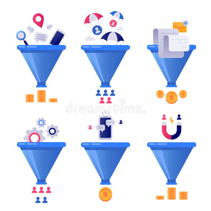 Funnel generation sales. Business lead generations, mail sorter funnels and pipeline sale optimisation or conversion leads optimize segment vector concept illustration isolated icons set. Funnel generation sales. Business lead generations, mail sorter funnels and pipeline sale optimisation or conversion leads optimize segment vector concept illustration isolated icons set