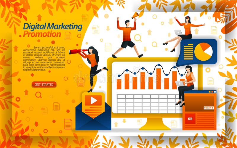 Vendas do aumento com vídeos de mercado digitais, promoções em linha, boletins de notícias do e-mail, ilustration do vetor do con ilustração royalty free Vendas do aumento com vídeos de mercado digitais, promoções em linha, boletins de notícias do e-mail, ilustration do vetor do con ilustração royalty free