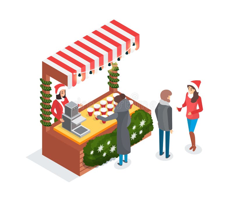 Vendedor justo de la Navidad en parada de calle con café libre illustration Vendedor justo de la Navidad en parada de calle con café libre illustration