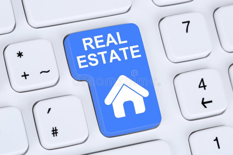 Vender ou comprar uns bens imobiliários dirigem o ícone em linha no computador foto de stock Vender ou comprar uns bens imobiliários dirigem o ícone em linha no computador foto de stock