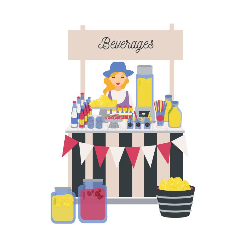 Vendeur féminin se tenant au compteur, à la stalle ou au kiosque avec les citrons, la limonade et d'autres boissons non alcoolisé illustration de vecteur Vendeur féminin se tenant au compteur, à la stalle ou au kiosque avec les citrons, la limonade et d'autres boissons non alcoolisé illustration de vecteur
