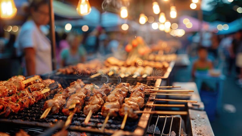 Street vendor grilling skewered meats at night market. Bokeh lights and festive outdoor atmosphere. Street food and culinary culture concept. Design for banner, poster, food blog. Street vendor grilling skewered meats at night market. Bokeh lights and festive outdoor atmosphere. Street food and culinary culture concept. Design for banner, poster, food blog