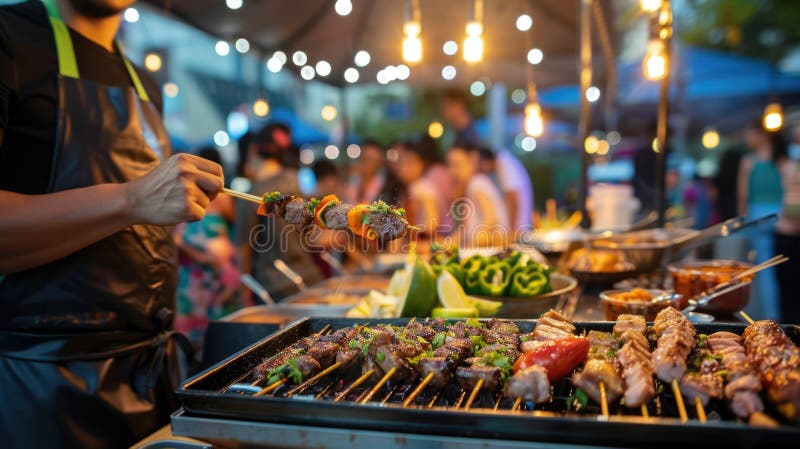 Street vendor grilling skewered meats at night market. Bokeh lights and festive outdoor atmosphere. Street food and culinary culture concept. Design for banner, poster, food blog. Street vendor grilling skewered meats at night market. Bokeh lights and festive outdoor atmosphere. Street food and culinary culture concept. Design for banner, poster, food blog