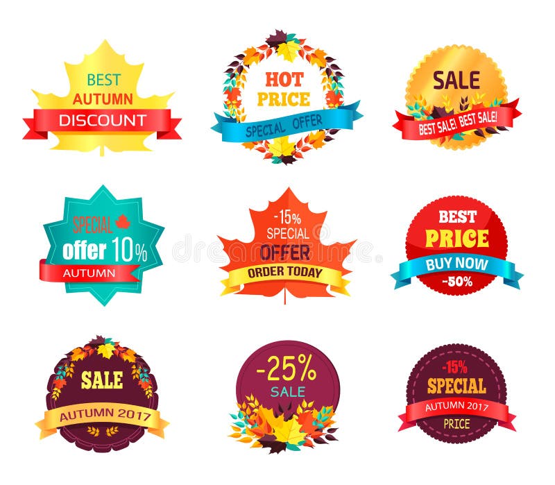 Autumn 2017 sale logo icon isolated on white background. Vector illustration with seasonal discount advertisement on leaves and wreaths. Autumn 2017 sale logo icon isolated on white background. Vector illustration with seasonal discount advertisement on leaves and wreaths