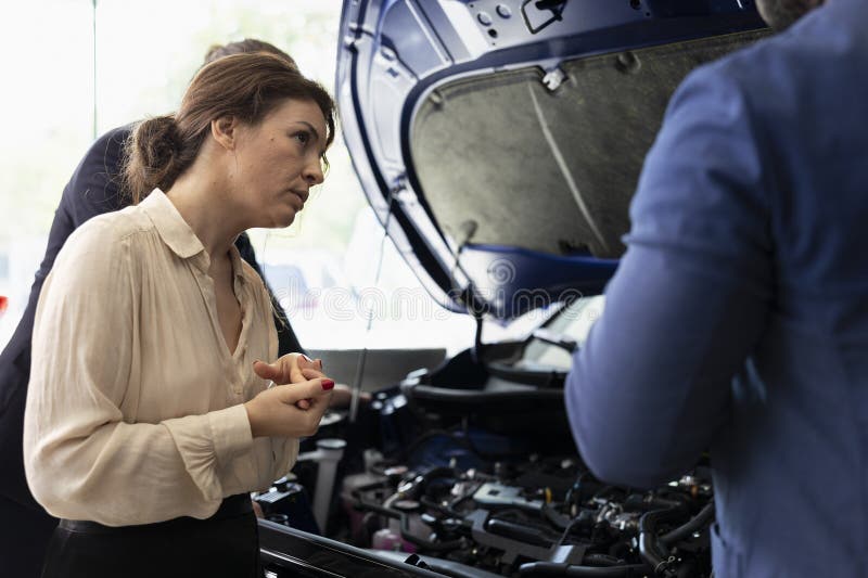 Venditore di concessionari che aprono cappuccio per auto spiegando vari aspetti del veicolo fotografia stock
