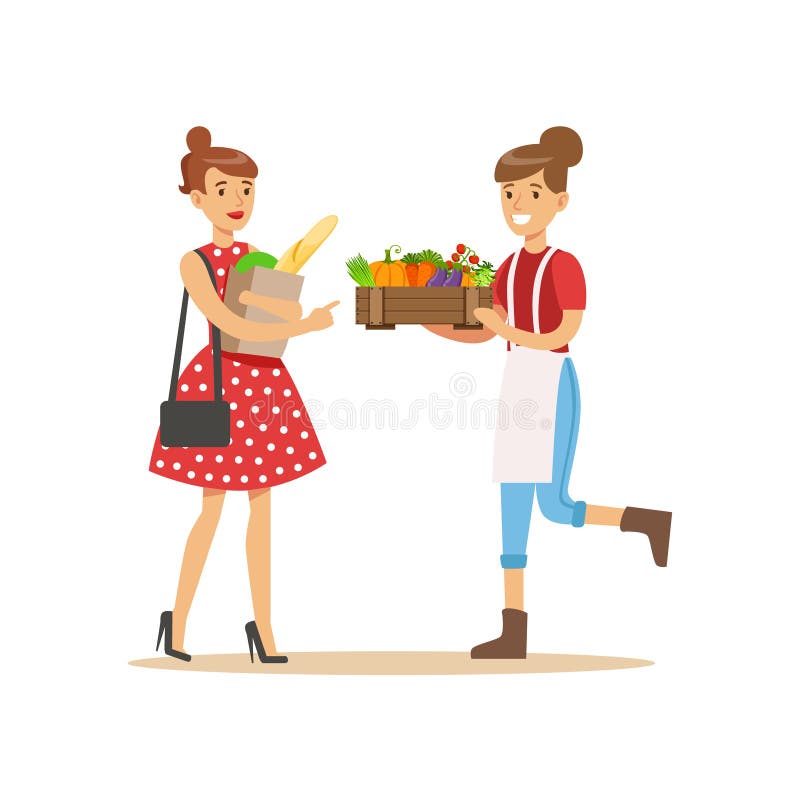 Vendor Bringing Crate Of Vegetables To Buyer, Farmer Working At The Farm And Selling On Natural Organic Product Market vector illustration Vendor Bringing Crate Of Vegetables To Buyer, Farmer Working At The Farm And Selling On Natural Organic Product Market vector illustration