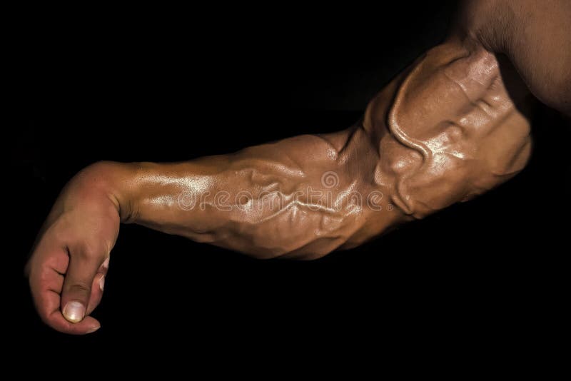 Vene e tendini del braccio. braccio con muscoli bicipite tricipite e vene su fondo nero. culturista