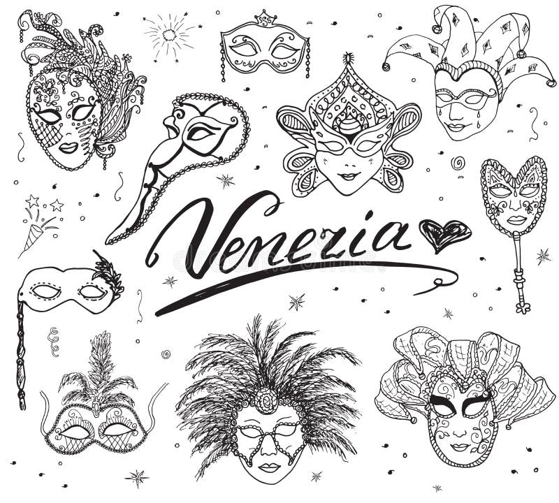 Venedig Italien skissar uppsättningen för maskeringar för karnevalet den venetian drog handen Dra den isolerade klottersamlingen vektor illustrationer Venedig Italien skissar uppsättningen för maskeringar för karnevalet den venetian drog handen Dra den isolerade klottersamlingen vektor illustrationer