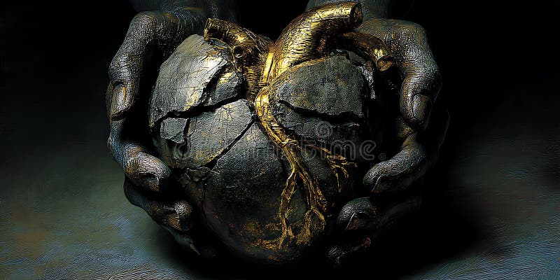 Dark hands hold a heart-shaped object with a cracked surface resembling stone. Venele de aur traversează obiectul, evidențiind textura și muchiile acestuia. Înconjurătorul este slab luminat, îmbunătățind obiectele metalice și nuanțele pământești. Venele inimilor manifestă un model triplu complicat în contrast cu suprafața robustă. Compoziția amestecând forma organică cu estetica făcută de om sugerează teme de rezistență și fragilitate.