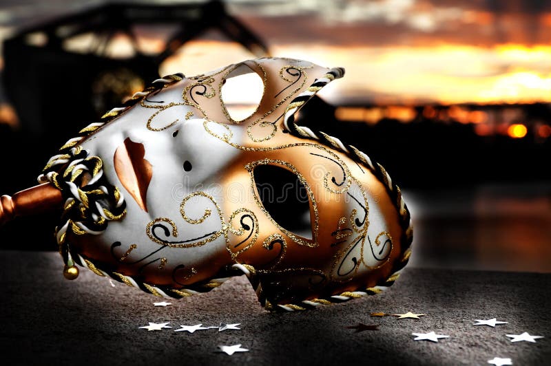 Venetian Mask by the River Bridge with Sunset. Venetian Mask by the River Bridge with Sunset
