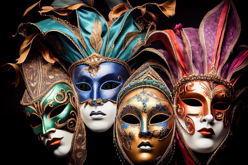 Masks Closeup on a Black Background. Generative AI Stock