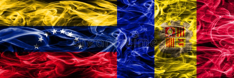 Venezuela contra as bandeiras coloridas do fumo do conceito de Andorra colocadas de lado a lado ilustração do vetor Venezuela contra as bandeiras coloridas do fumo do conceito de Andorra colocadas de lado a lado ilustração do vetor