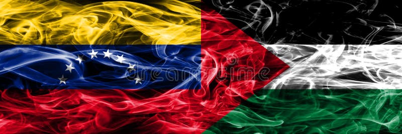 Venezuela versus zij aan zij geplaatste vlaggen van de het conceptenrook van Palestina de kleurrijke vector illustratie Venezuela versus zij aan zij geplaatste vlaggen van de het conceptenrook van Palestina de kleurrijke vector illustratie