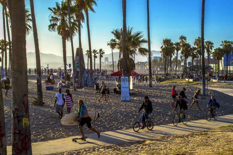 Skaters and bikers around Venice Beach Boardwalk in Southern California
