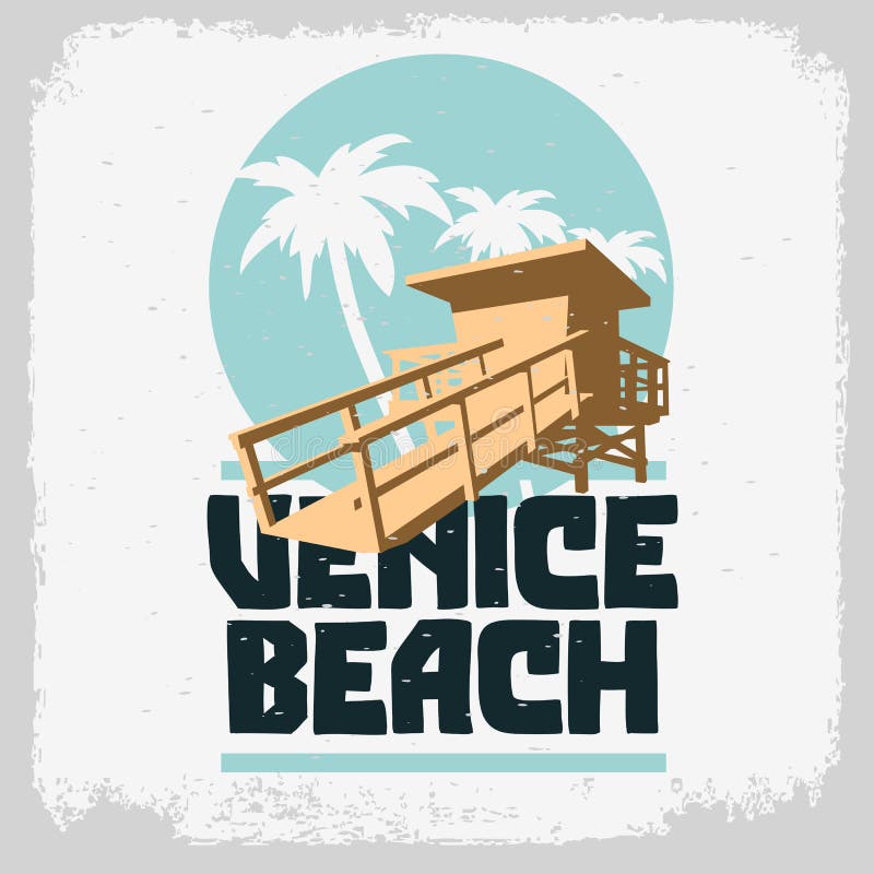 Venice Beach Los Angeles California Lifeguard Tower Station Beach Rescue Palm Trees Logo Sign Label Design For Promotion