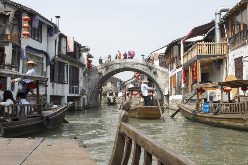 Zhujiajiao, ancient village with traditional canal with wooden boats and ancient bridge near Shanghai, China