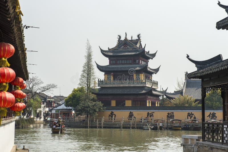 Traditional canal in old village Zhujiajiao with pagoda near Shanghai, China