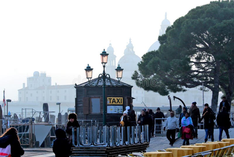 Venice, Italy, December 28, 2018 typical taxi boat stop in front of San Marco royalty free stock photos