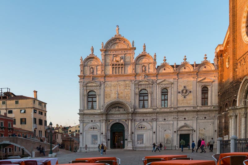 VENICE, ITALY - March 24, 2019: Scuola Grande di San Marco and Basilica Giovanni e Paolo, Venice. Old architecture of Venice