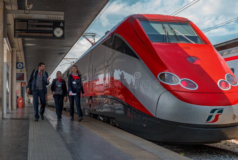 Venice, Italy - 08 May 2018: The locomotive of the high-speed train Trenitalia at the railway station of Venice. Close royalty free stock image Venice, Italy - 08 May 2018: The locomotive of the high-speed train Trenitalia at the railway station of Venice. Close royalty free stock image