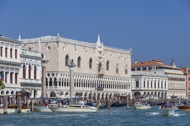 Sea view on Doge`s Palace Palazzo Ducale and Column of San Marco on St Mark`s Square, Venice, Italy