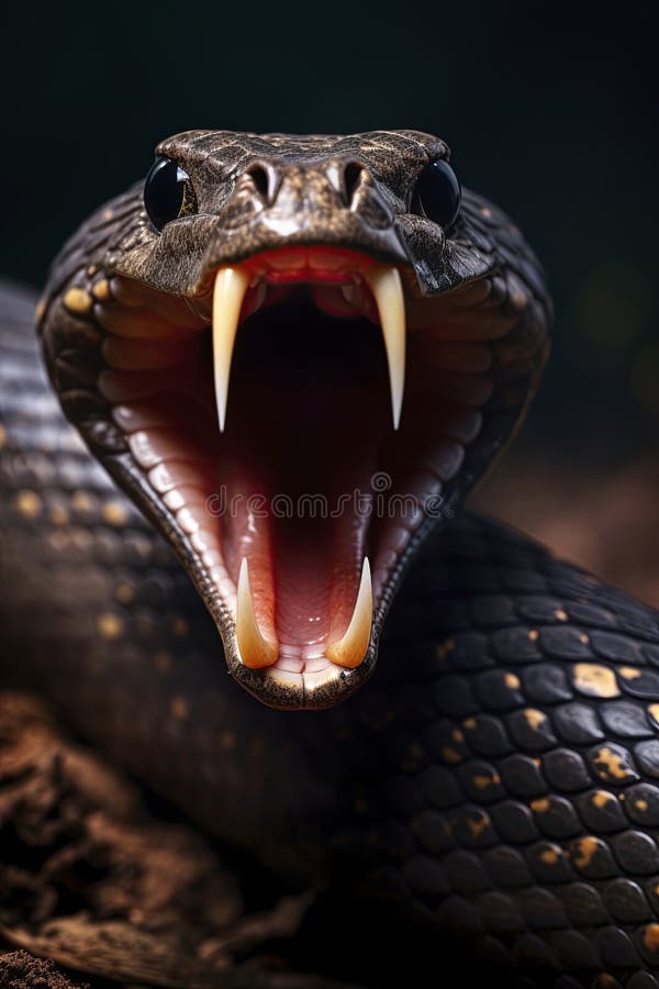 Venomous snake with sharp fangs attacking. Closeup, macro shot. Ai Generative stock photos
