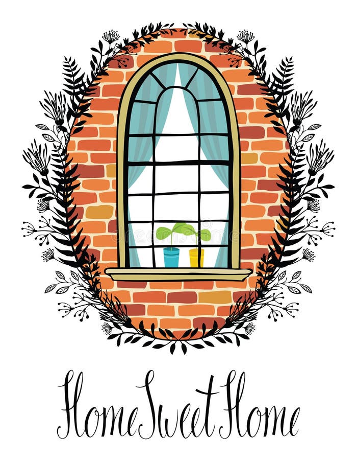 Window in a brick wall with a floral vignette and calligraphic writing Sweet home. Window in a brick wall with a floral vignette and calligraphic writing Sweet home