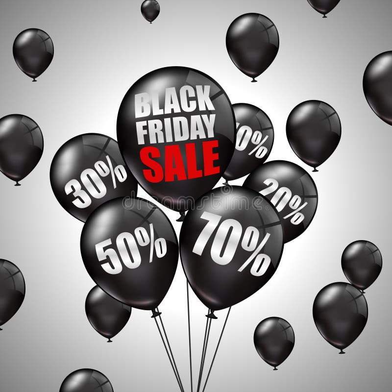 Venta de Black Friday con los globos negros y los descuentos ilustración del vector Venta de Black Friday con los globos negros y los descuentos ilustración del vector