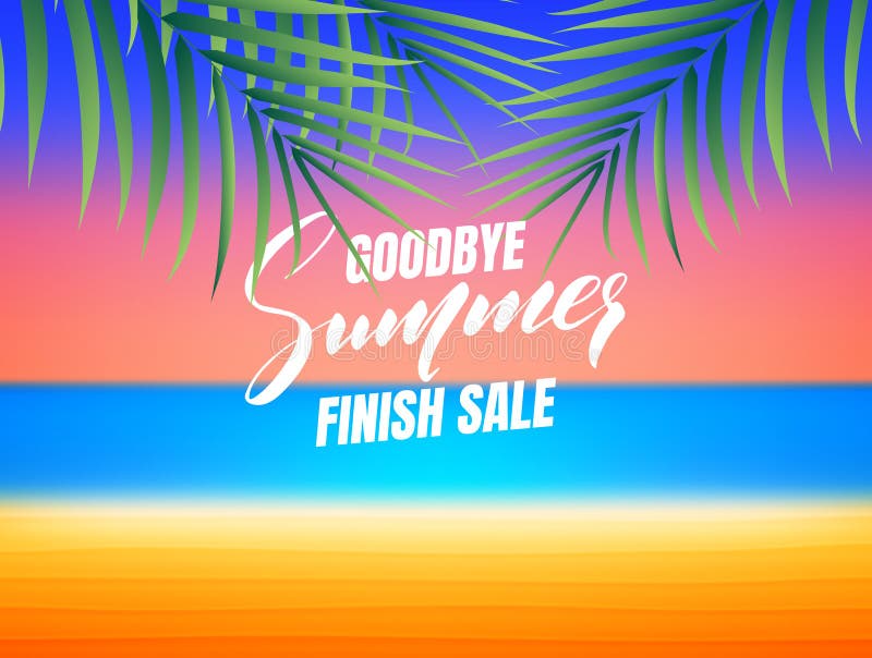 Venta del final del verano Adiós bandera de la venta del final del verano Fondo con la playa y las hojas de palma tropicales ilustración del vector Venta del final del verano Adiós bandera de la venta del final del verano Fondo con la playa y las hojas de palma tropicales ilustración del vector