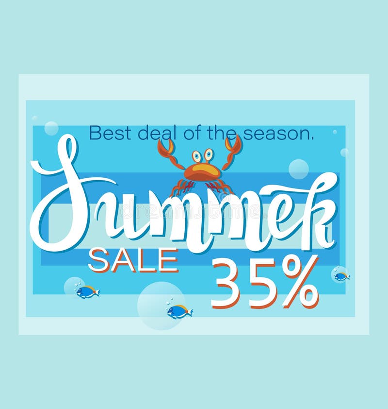 VENTA del VERANO con el cangrejo y los pescados tropicales El mejor trato de la estación Venta grande y oferta especial stock de ilustración VENTA del VERANO con el cangrejo y los pescados tropicales El mejor trato de la estación Venta grande y oferta especial stock de ilustración