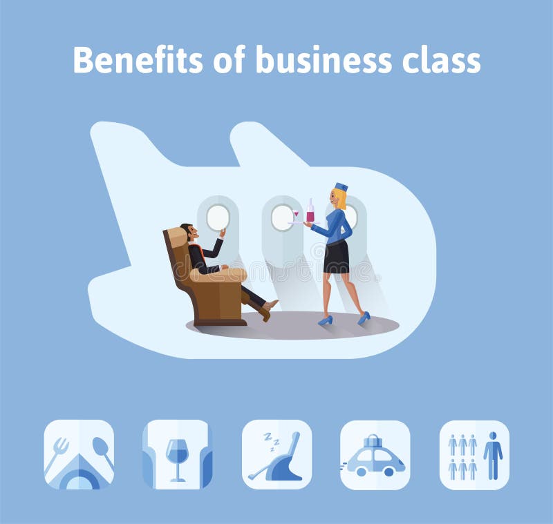 Ventajas de vuelos en clase de negocios Hombre de negocios respetable que se sienta en asiento del aeroplano, la azafata que le t libre illustration Ventajas de vuelos en clase de negocios Hombre de negocios respetable que se sienta en asiento del aeroplano, la azafata que le t libre illustration
