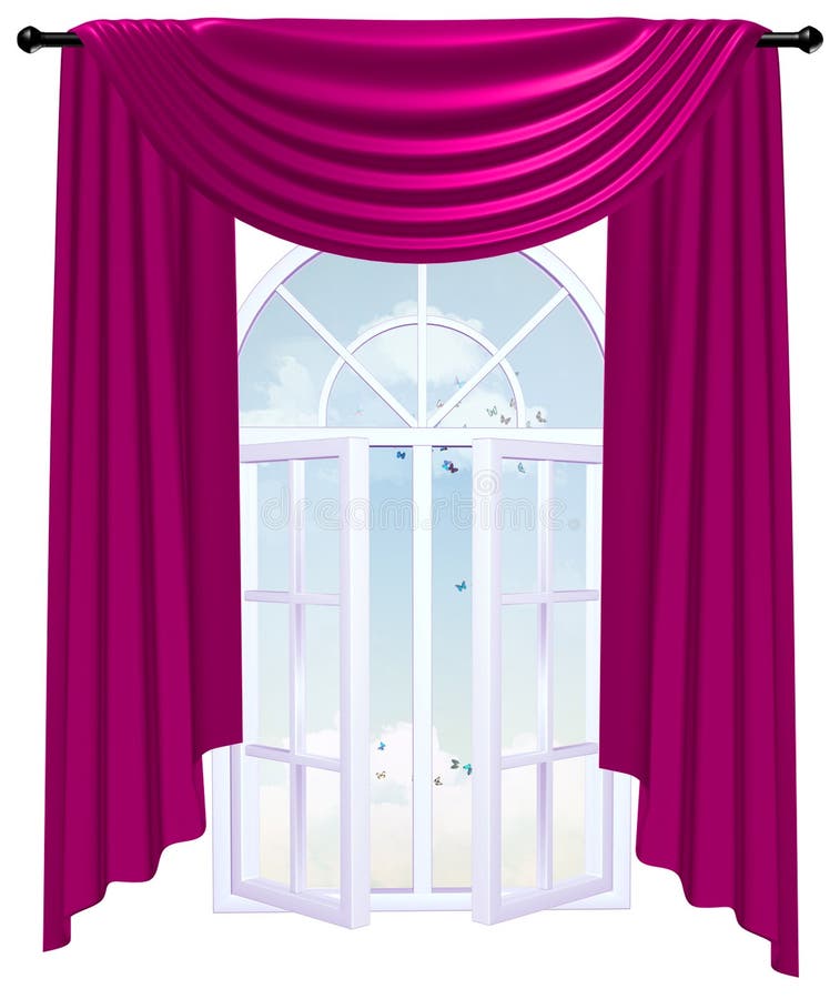 Ventana abierta detrás de una cortina de Borgoña con el cielo y las nubes ilustración del vector Ventana abierta detrás de una cortina de Borgoña con el cielo y las nubes ilustración del vector