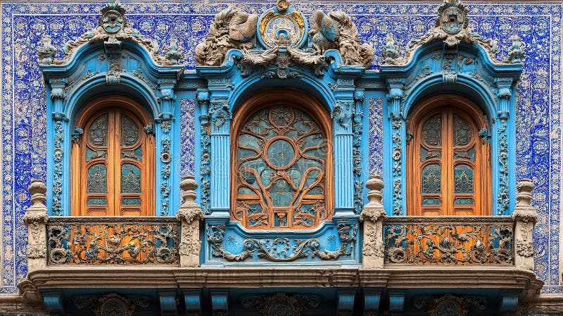 Ventanas azules ordenadas con detalles intrincados sobre una fachada de edificio stock de ilustración