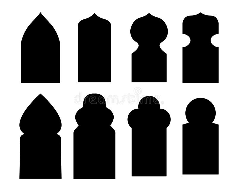 Ventanas y puertas árabes del arco en siluetas islámicas tradicionales del estilo El ejemplo del negro siluetea la puerta y la ventana Vector para su diseño