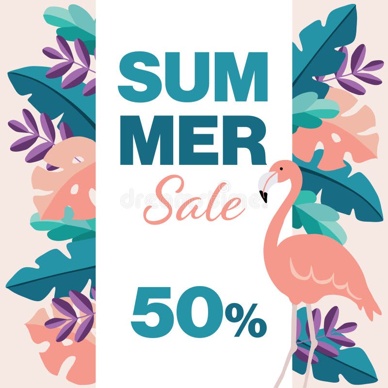 Vente d'?t?, 50 outre du calibre d'affiche Oiseau de flamant, paume tropicale et feuilles de monstera Conception plate moderne de illustration stock Vente d'?t?, 50 outre du calibre d'affiche Oiseau de flamant, paume tropicale et feuilles de monstera Conception plate moderne de illustration stock