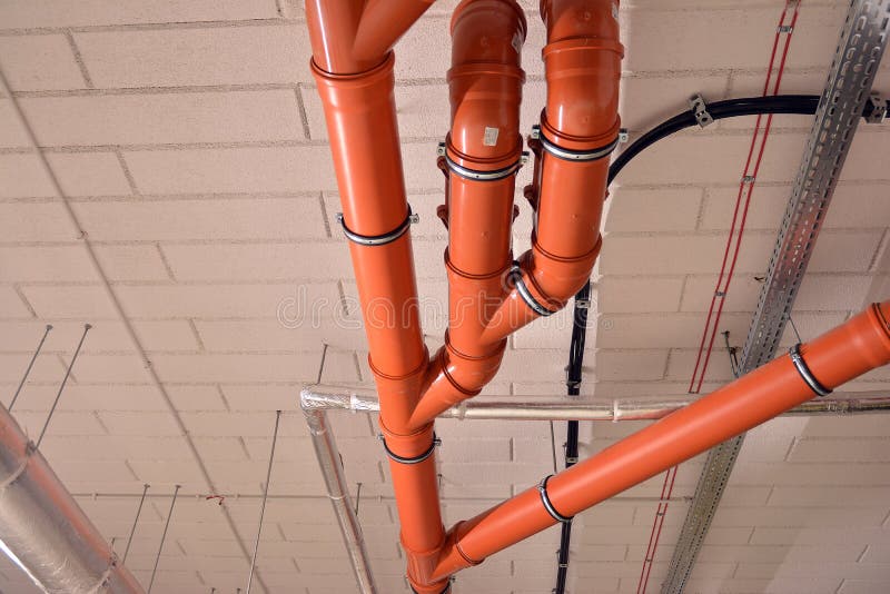 Water Pipes and Cable Trays Run Under Ceiling of a Building Stock Image Image of indoor, frame