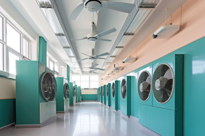 ventilation system with multiple fans and filters, providing clean and fresh air in a school