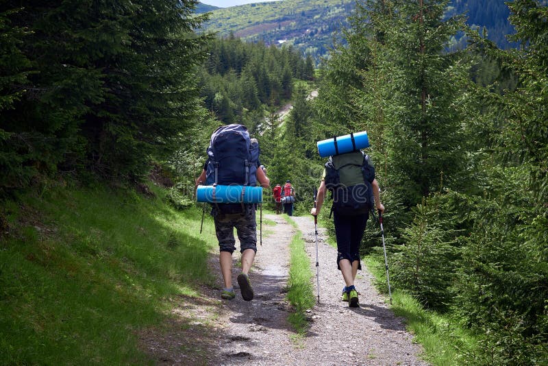 ?ventyra, resa, turism, vandringen och folkbegreppet - grupp av v?nner som g?r med ryggs?ckar fr?n baksida fotografering för bildbyråer ?ventyra, resa, turism, vandringen och folkbegreppet - grupp av v?nner som g?r med ryggs?ckar fr?n baksida fotografering för bildbyråer