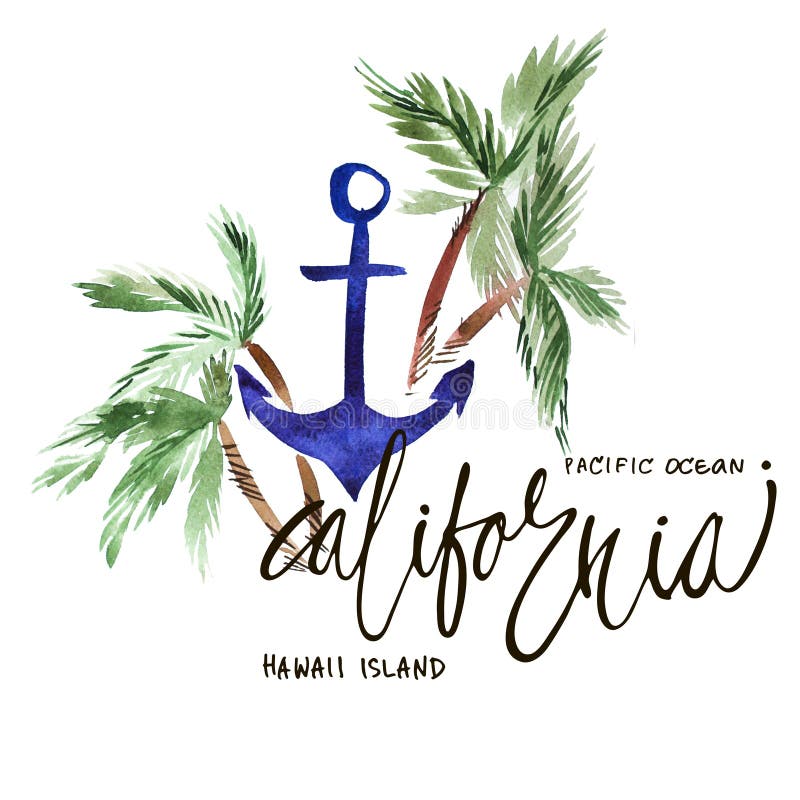 Verano impresión de California, Océano Pacífico de la acuarela del vintage con diseño, las palmeras y las letras de la tipografía stock de ilustración Verano impresión de California, Océano Pacífico de la acuarela del vintage con diseño, las palmeras y las letras de la tipografía stock de ilustración