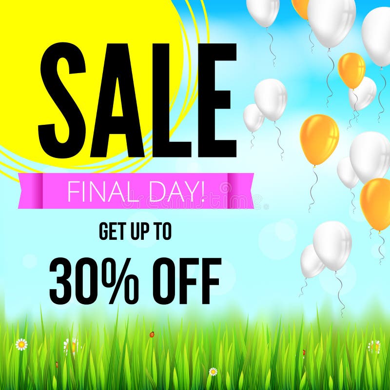 Verano que vende la bandera del anuncio con globos coloreados inflables Descuentos del día de fiesta del treinta por ciento, fond ilustración del vector Verano que vende la bandera del anuncio con globos coloreados inflables Descuentos del día de fiesta del treinta por ciento, fond ilustración del vector