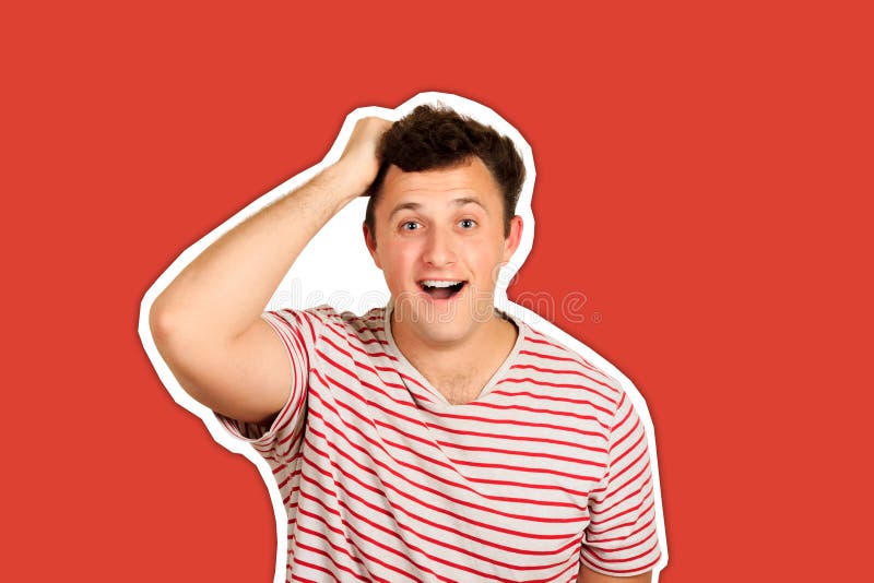Verbaasde en verraste man glimlacht in de camera emotionele man geïsoleerde Magazine collage stijl met trendy kleur stock afbeeldingen Verbaasde en verraste man glimlacht in de camera emotionele man geïsoleerde Magazine collage stijl met trendy kleur stock afbeeldingen