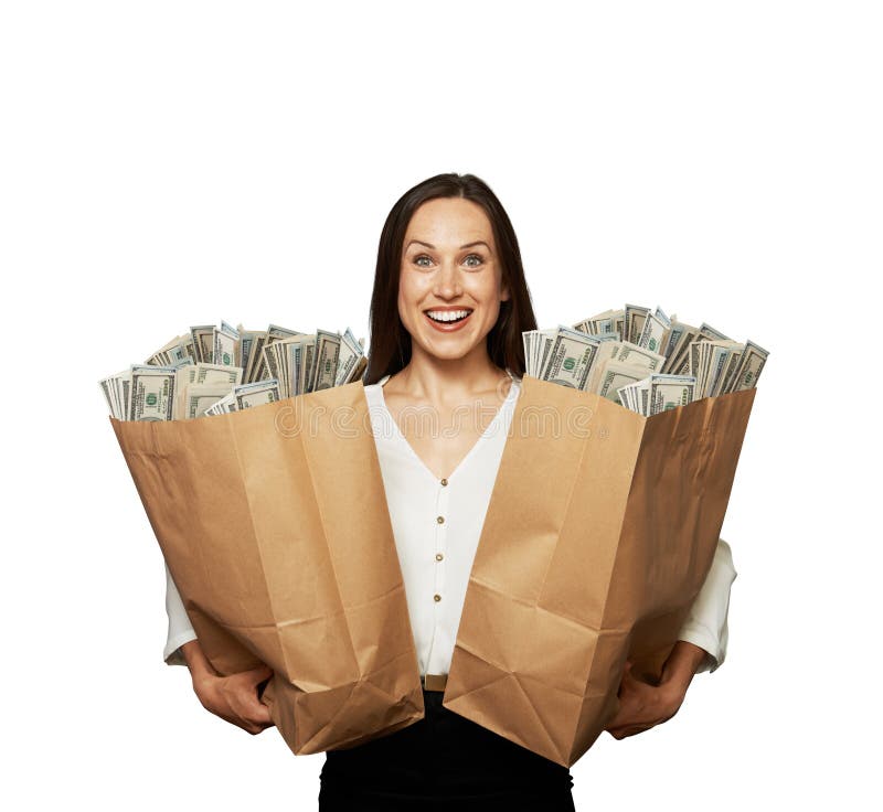 Verbaasde gelukkige vrouw met geld stock foto Verbaasde gelukkige vrouw met geld stock foto
