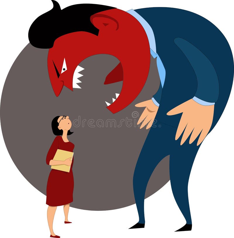 Monster boss yelling at a female worker, vector illustration. Monster boss yelling at a female worker, vector illustration