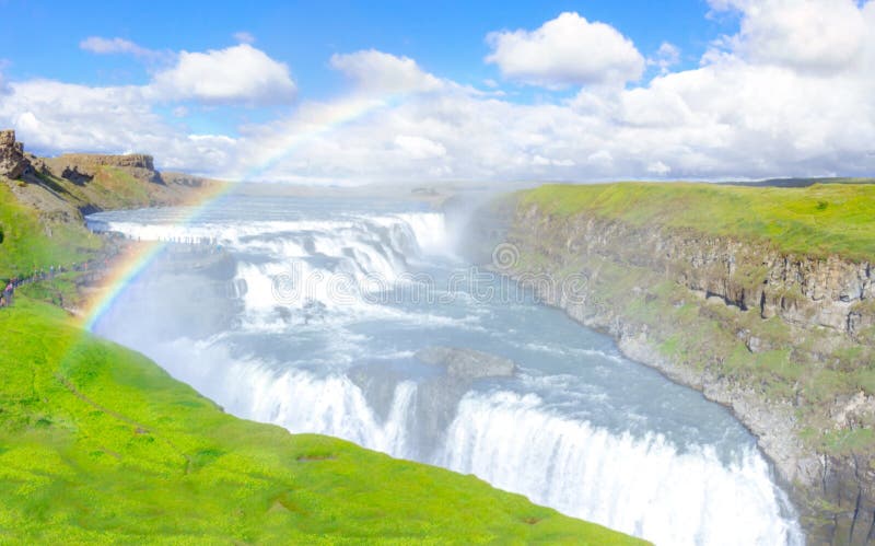Verbazende Gullfoss-waterval met regenboog Gouden Cirkelroute ijsland royalty-vrije stock fotografie Verbazende Gullfoss-waterval met regenboog Gouden Cirkelroute ijsland royalty-vrije stock fotografie