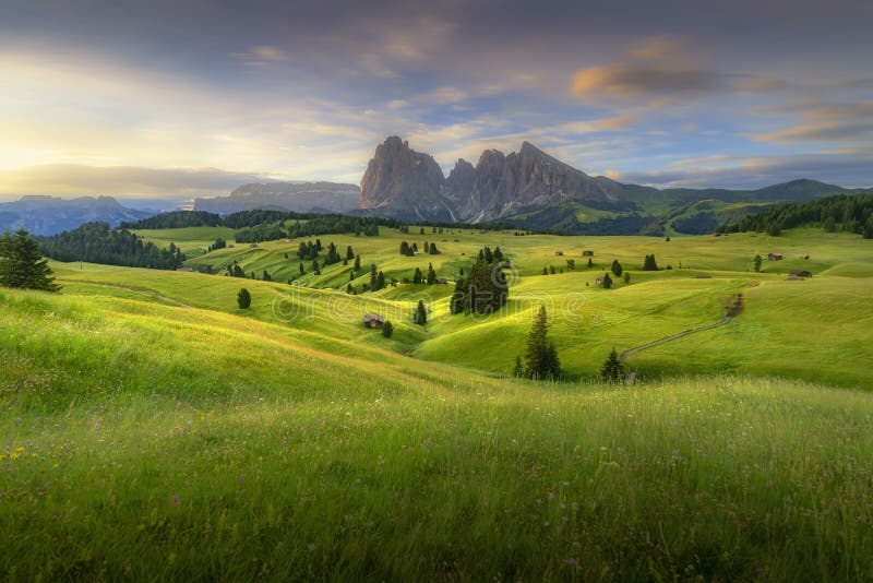 Verbazende landschappenmening van groene heuvels met de zomer blauwe hemel op zonsopgang van het Dolomiet van Seiser Alm, Italië royalty-vrije stock foto Verbazende landschappenmening van groene heuvels met de zomer blauwe hemel op zonsopgang van het Dolomiet van Seiser Alm, Italië royalty-vrije stock foto