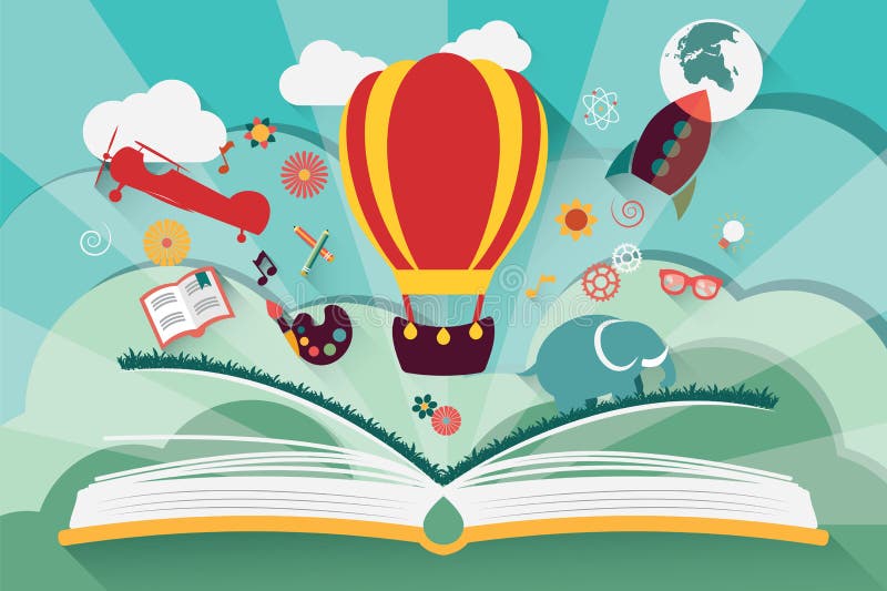 Verbeeldingsconcept - open boek met luchtballon stock illustratie Verbeeldingsconcept - open boek met luchtballon stock illustratie