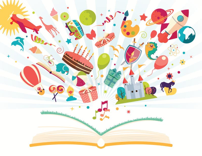 Verbeeldingsconcept - open boek met luchtballon, raket die, vliegtuig uit vliegen vector illustratie Verbeeldingsconcept - open boek met luchtballon, raket die, vliegtuig uit vliegen vector illustratie