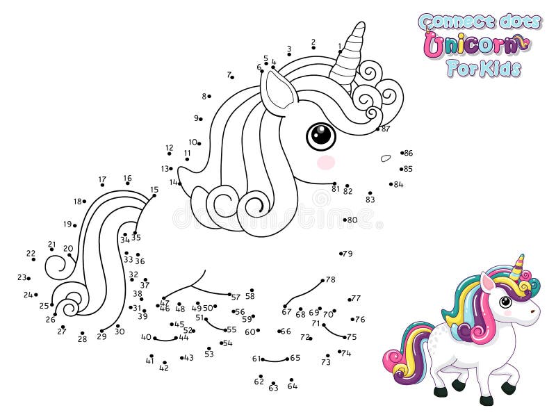 Verbind de punten en teken een leuke cartoon unicorn. educatief spel voor kinderen. vectorillustratie met tekenfilmdierkarakters